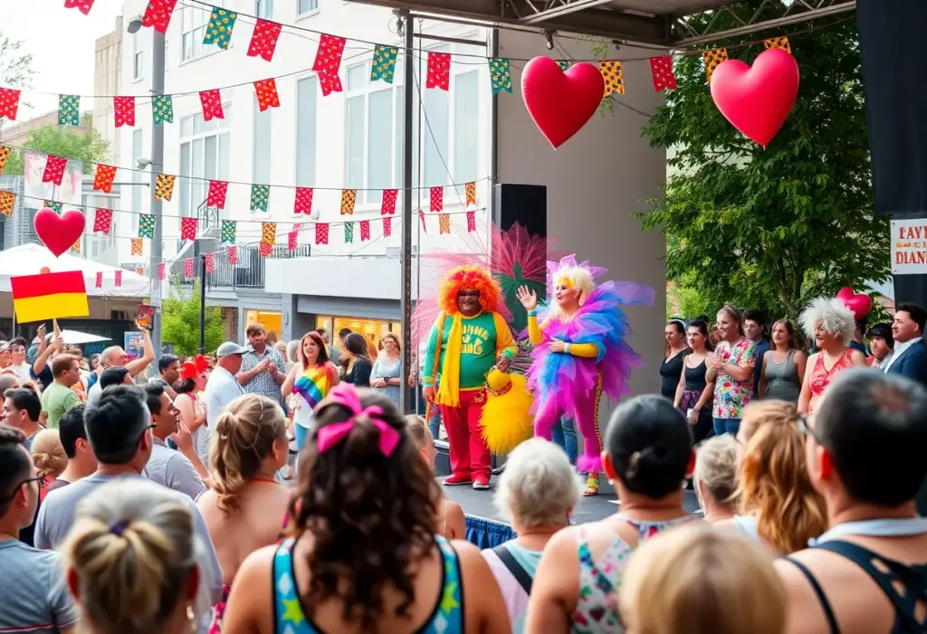 Colorful community celebration featuring drag performers and an enthusiastic audience.