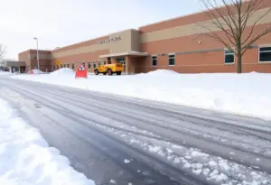 Icy conditions outside a school building in Lexington, KY, emphasizing school closures.