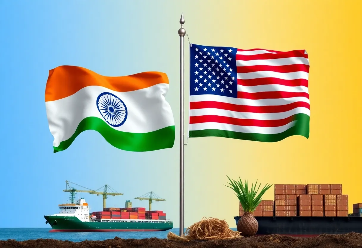 Visual representation of the India US trade agreement with flags and trade elements.