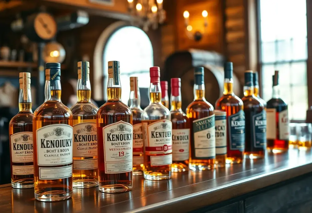 Display of Kentucky bourbon bottles at an auction