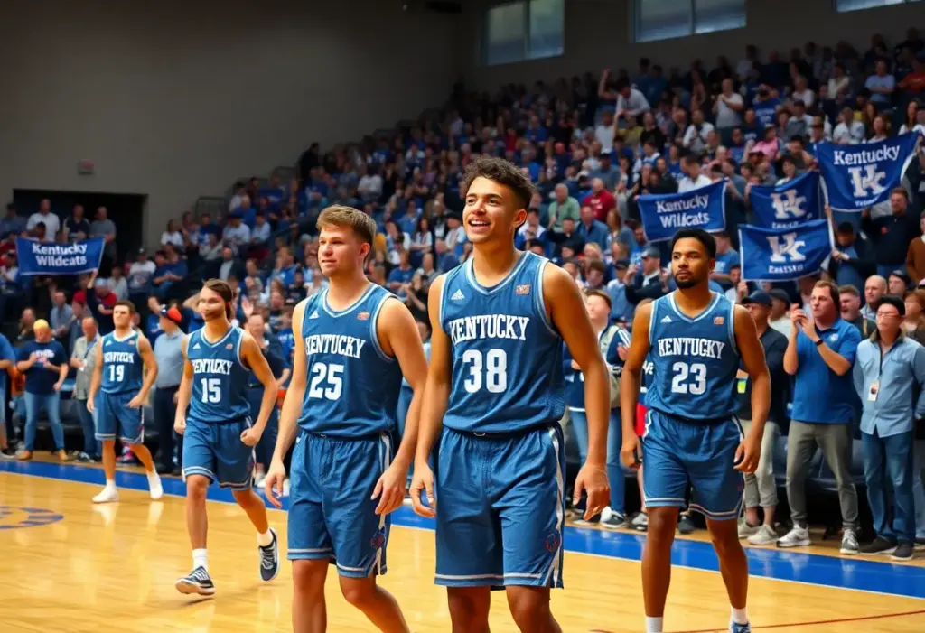 Kentucky Wildcats basketball players wearing denim uniforms during a game