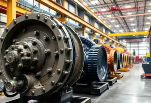 Inside view of a Komatsu remanufacturing facility with various heavy equipment components being refurbished.