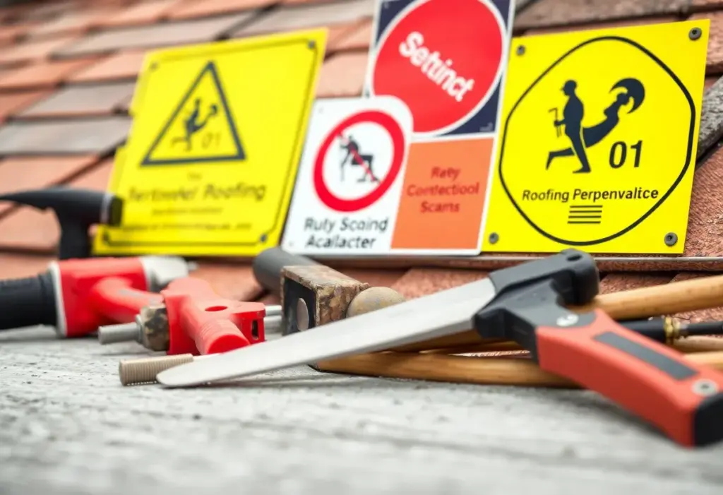 Construction tools and safety signs at a roofing site.