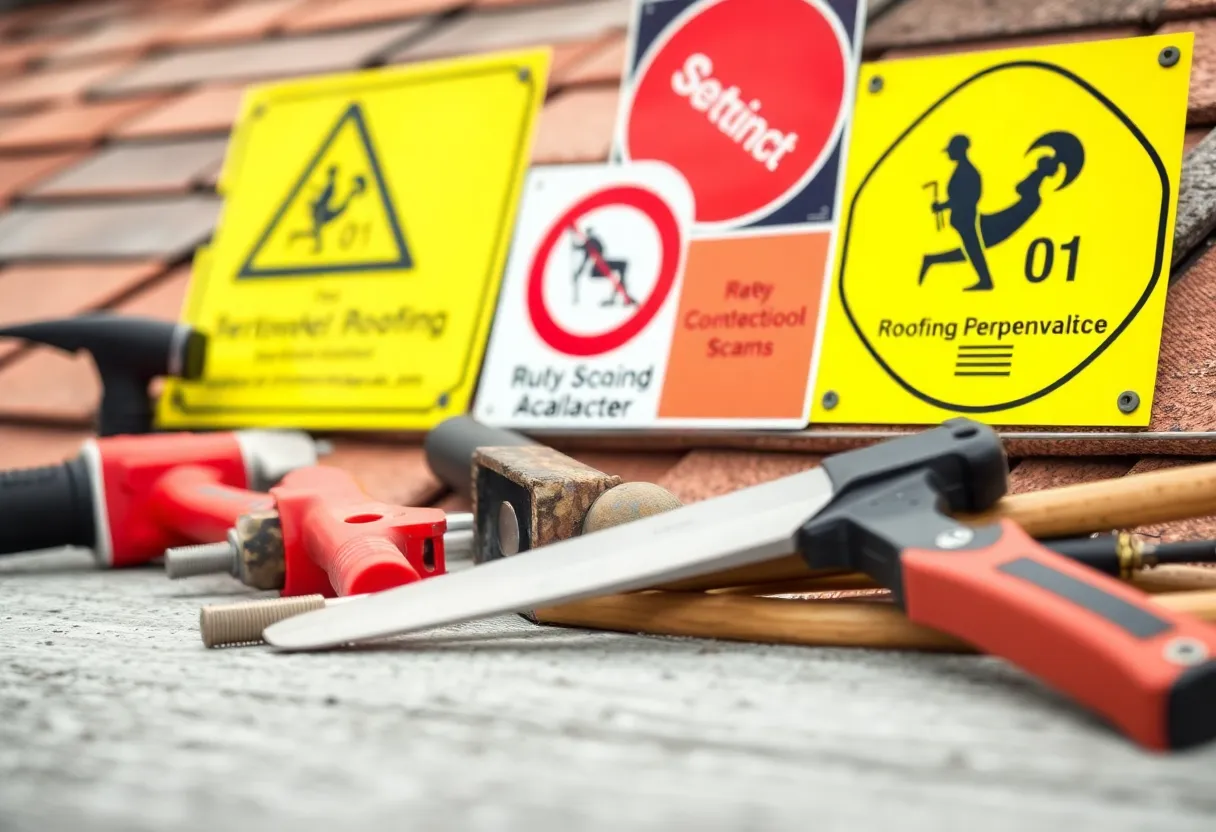 Construction tools and safety signs at a roofing site.