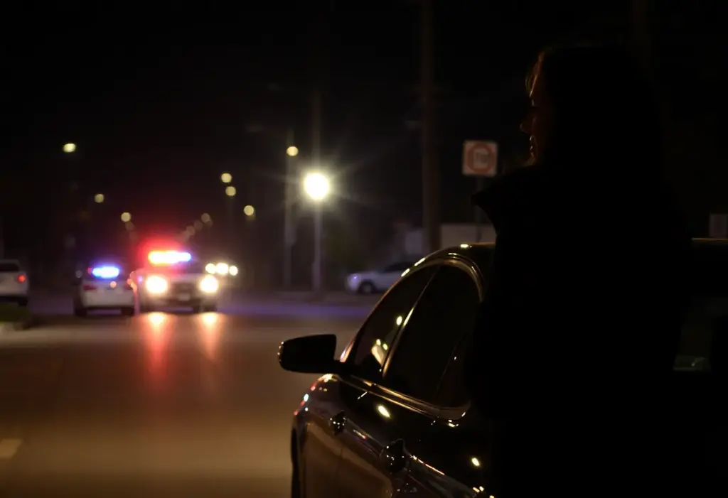 A woman standing beside her car with police lights flashing in Lexington after a gunfire incident.