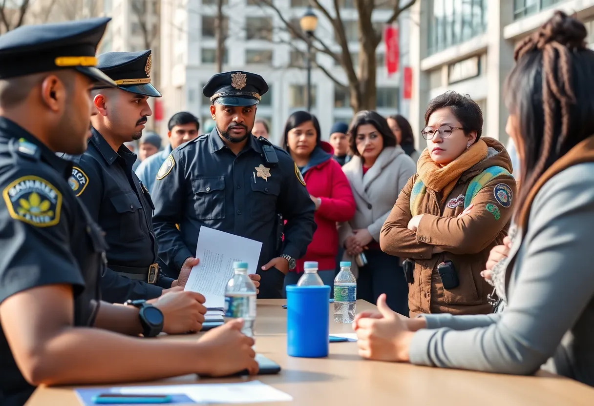 Police officers engaging with the community members about safety.