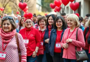 Group of people wearing red clothing to support women's heart health on National Wear Red Day.