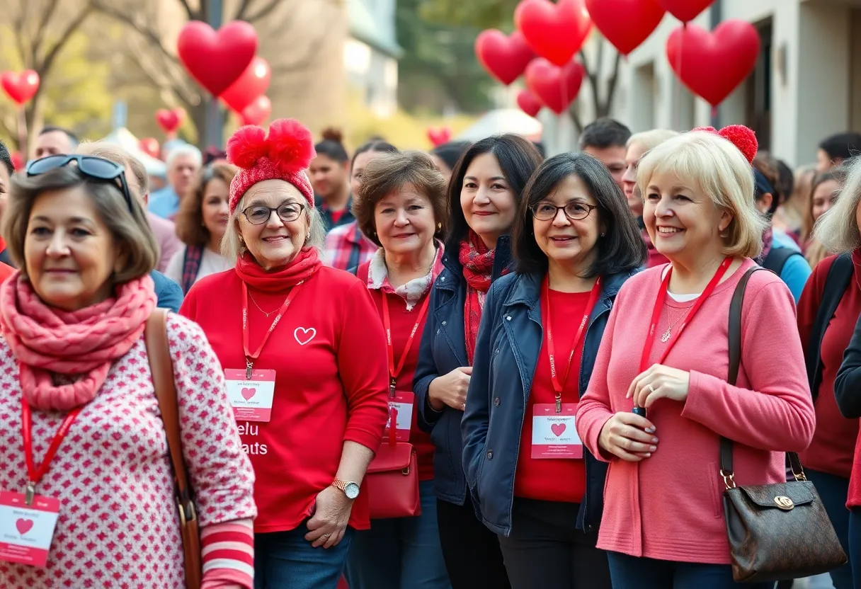 Group of people wearing red clothing to support women's heart health on National Wear Red Day.