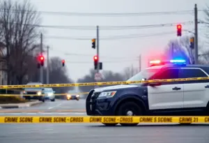 Crime scene near intersection with police vehicles