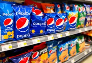 PepsiCo snack products on a shelf with visible price reduction tags