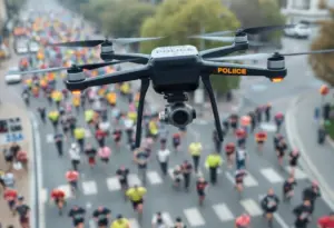 Police drones flying over marathon runners in Lexington