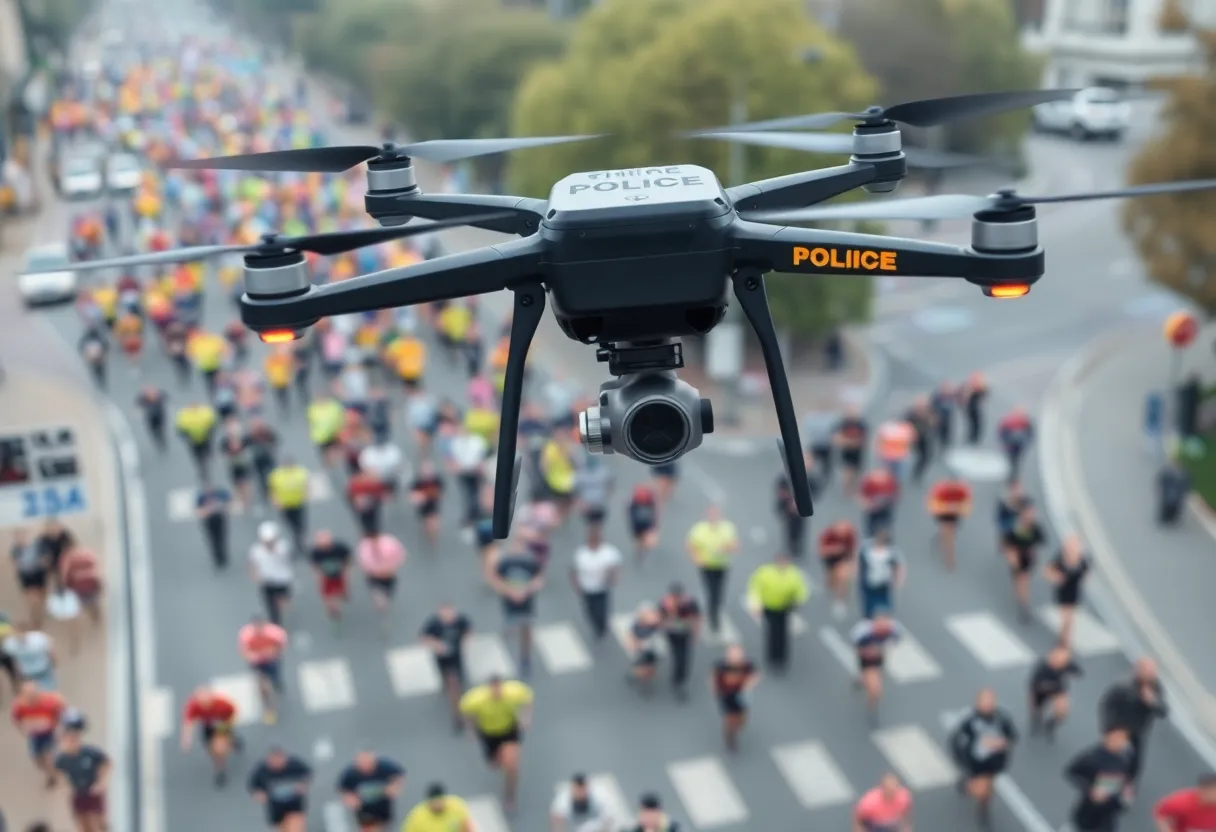 Police drones flying over marathon runners in Lexington