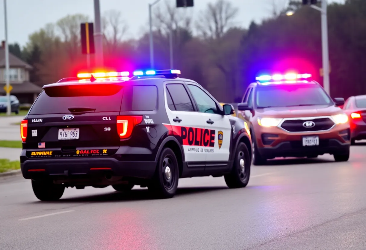 Police vehicle during a traffic stop at night with lights on.