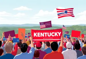 Political campaign scene in Kentucky with supporters and banners