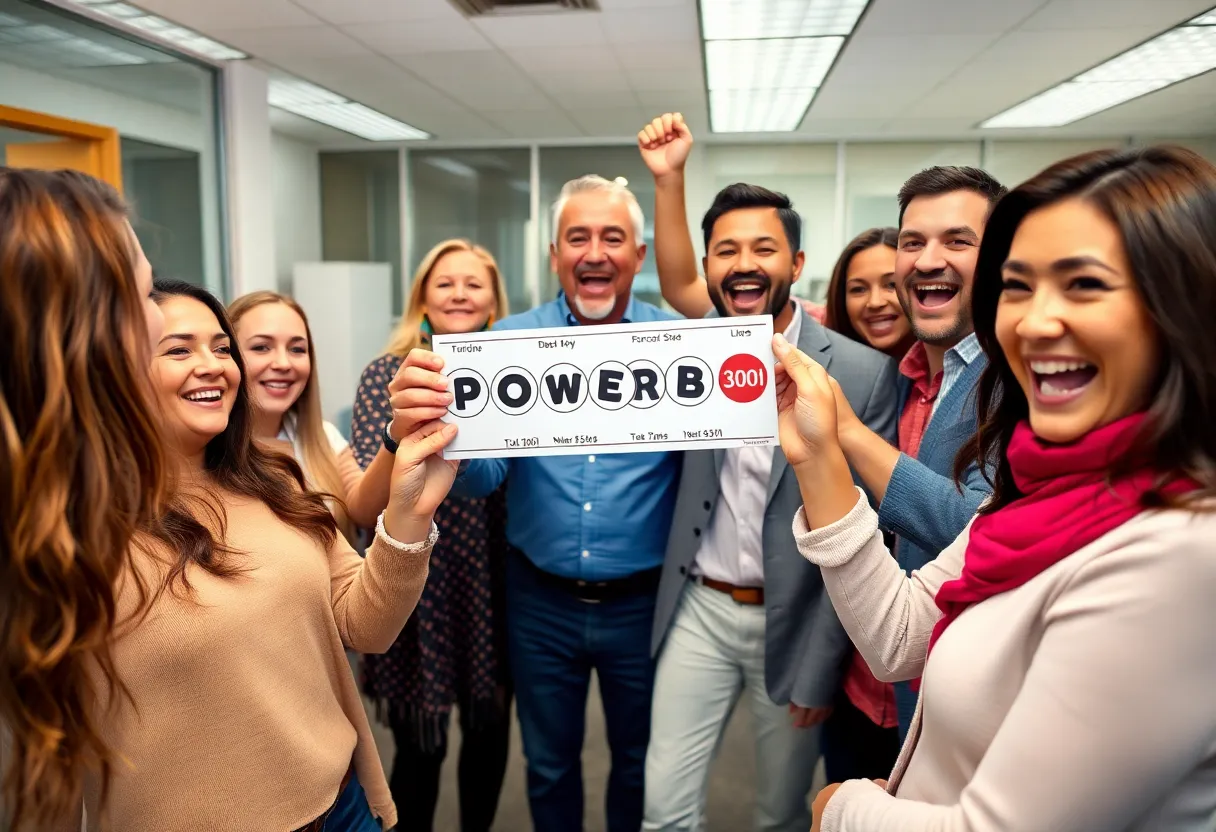 Group celebrating Powerball win in the office