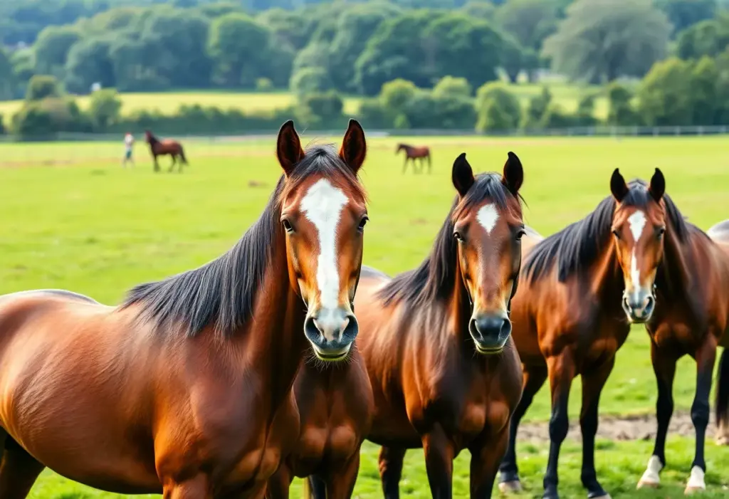 A peaceful scene of retired racehorses enjoying their aftercare in a lush green pasture.