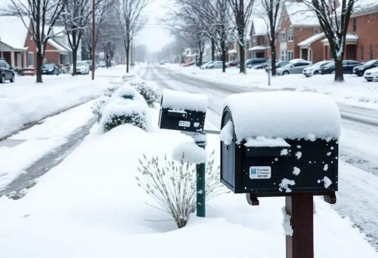 Snowy neighborhood in Lexington with mailboxes