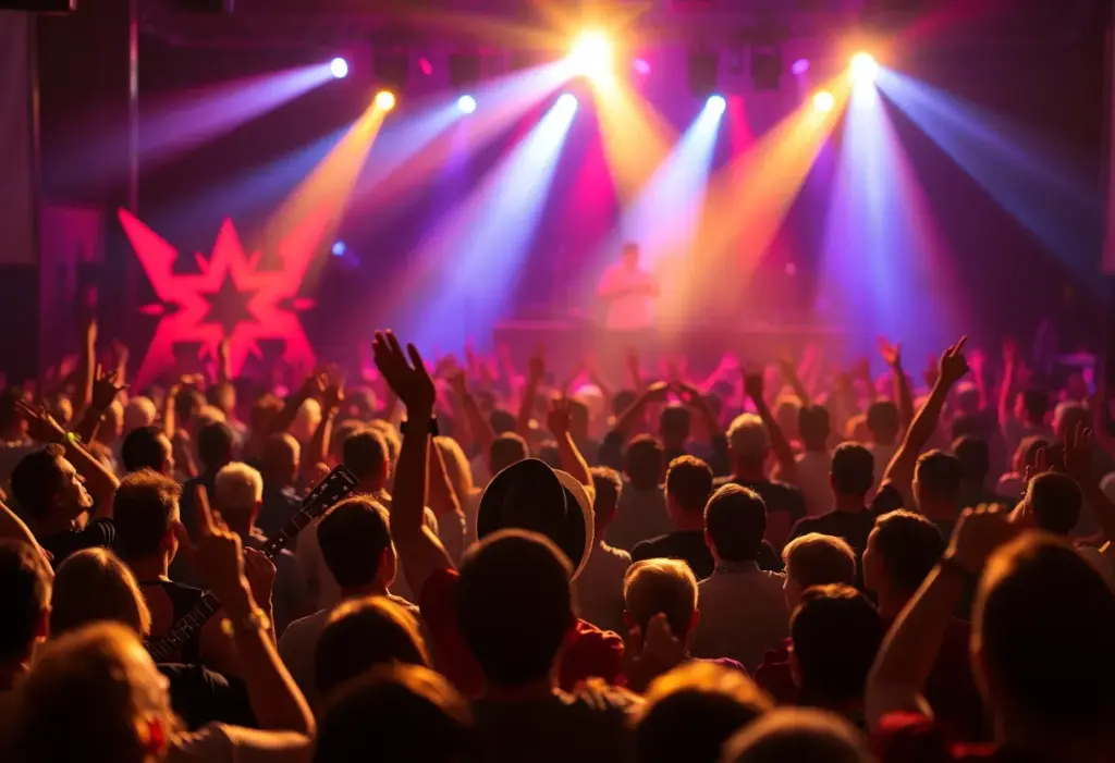 A lively concert atmosphere with fans enjoying country music.