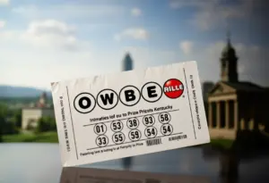An unclaimed Powerball ticket against a Kentucky skyline backdrop