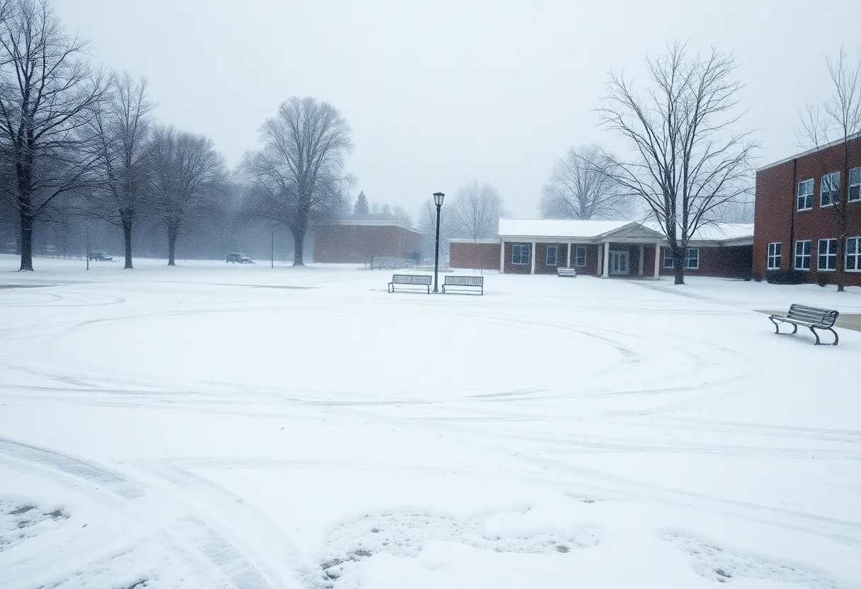 Empty school yard covered in snow during Winter Storm Fern in Lexington, Kentucky.