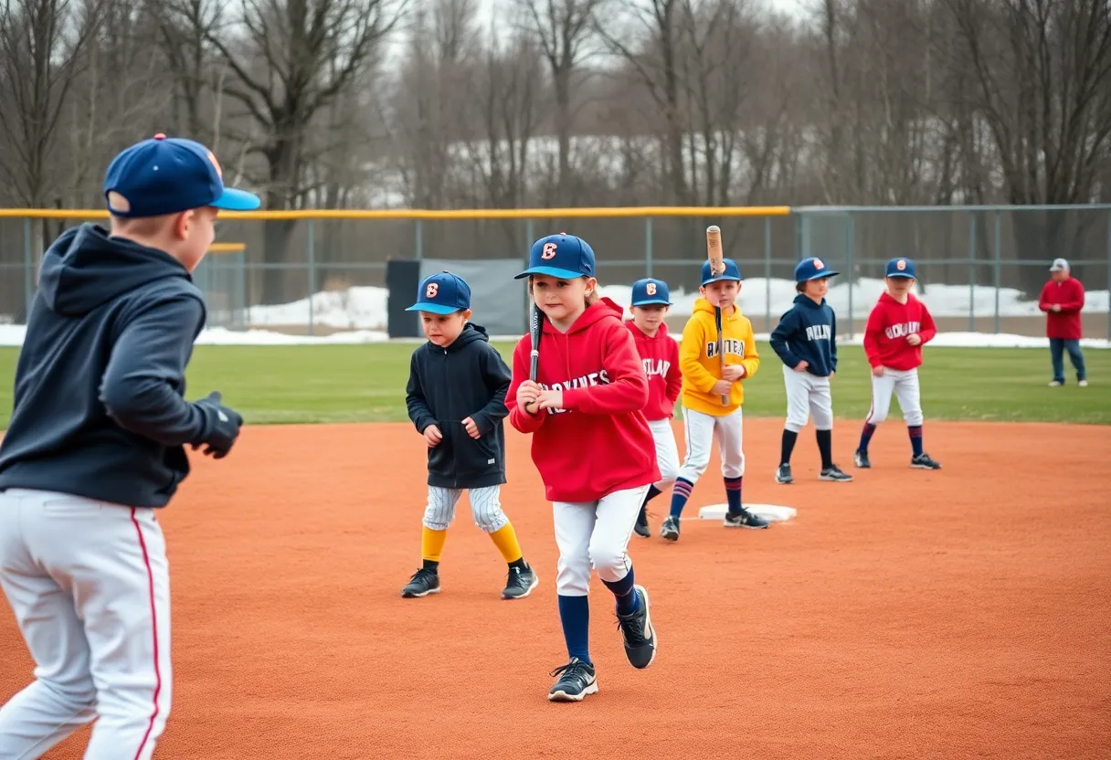 Young baseball players participating in the Winter Wildcat Elite Camp at Kentucky Proud Park